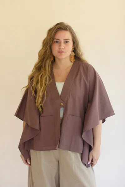 Kalalou Winged-sleeve Kimono W Front Pockets And Button - Mulberry In Red