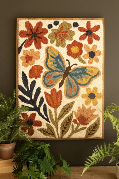 Kalalou Wood Framed Hand-hooked Flowers & Butterfly In Multi