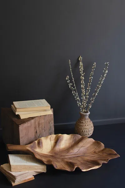Kalalou Wooden Teak Leaf Tray In Brown