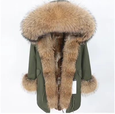 Pre-owned Kalea Women's Natural Genuine Fox Real Fur Multi Season Hooded Parka Jacket Long Coat In Green Natural Fur