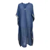 Kali Joshi Women's Blue V Neck Denim Linen Kerala Kaftan With Metallic Border In Blue