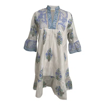 Kali Joshi Women's High Neck Blue Short Dress With Ruffles In Multi