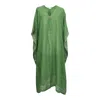 Kali Joshi Women's V Neck Green Linen Kerala Kaftan With Metallic Border In Green