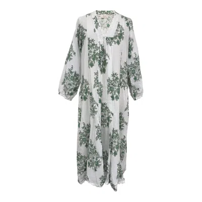 Kali Joshi Women's V Neck Green Multi Panel Kaftan Dress In White