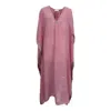 Kali Joshi Women's V Neck Pink Linen Kerala Kaftan With Metallic Border In Pink