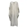 Kali Joshi Women's V Neck White Linen Kerala Kaftan With Silver Metallic Border In White