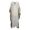 Kali Joshi Women's V Neck White Linen Kerala Kaftan With Wide Metallic Border In Gray