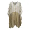 Kali Joshi Women's White V Neck Gold Stripes Linen Kaftan Short In White