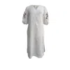 Kali Joshi Women's White V Neck Linen Kaftan Dress In White