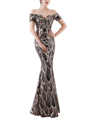 Kalinnu Printed Off The Shoulder Maxi Dress In Black & Golden Print
