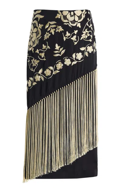Kallmeyer Emilee Emroidered Pique Fringed Maxi Skirt In Multi