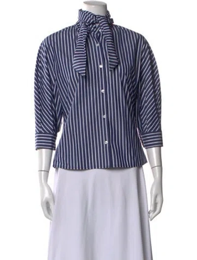 Pre-owned Kallmeyer Striped Tie Neck Blouse In Blue