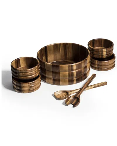 Kalmar Home 7pc Extra Large Salad Bowl With Servers & Bowls In Brown