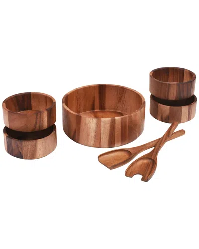 Kalmar Home 7pc Large Salad Bowl With Servers & Bowls In Brown