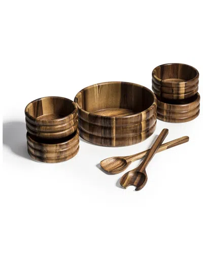 Kalmar Home 7pc Large Salad Bowl With Servers & Bowls, In Brown