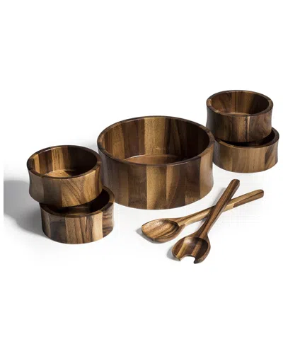 Kalmar Home 7pc Large Salad Bowl With Servers & Bowls In Brown
