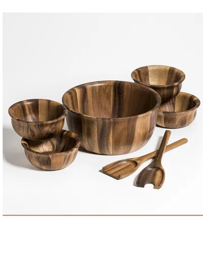 Kalmar Home 7pc Large Salad Bowl With Servers & Bowls In Brown