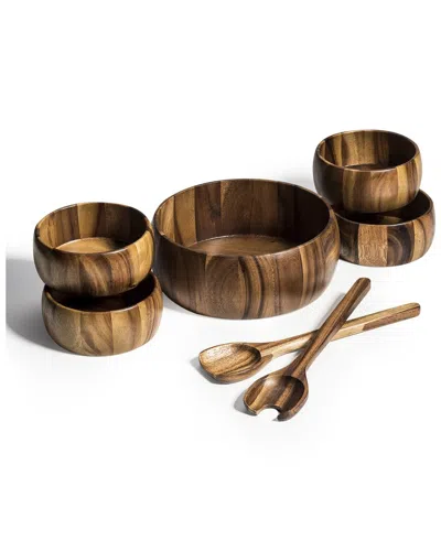 Kalmar Home 7pc Large Salad Bowl With Servers & Bowls In Brown