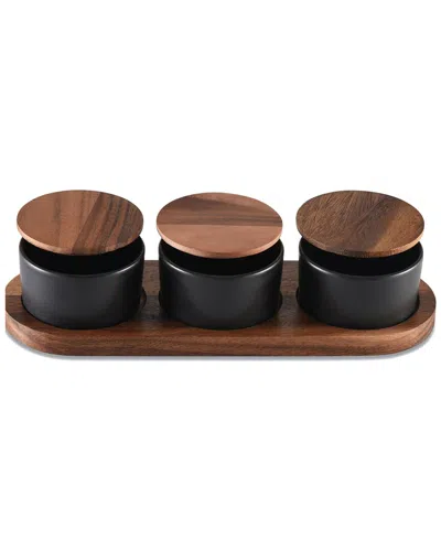 Kalmar Home Black Ceramic Condiment Set On Acacia Wood Base In Brown