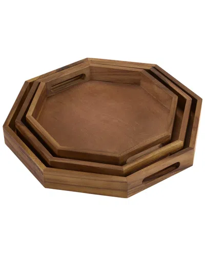 Kalmar Home Set Of 3 Octagon Serving Trays In Brown