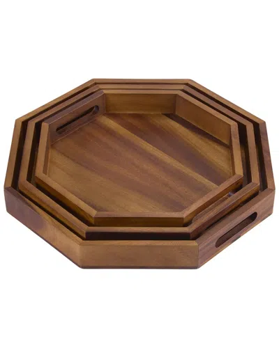Kalmar Home Set Of 3 Octagon Serving Trays In Brown