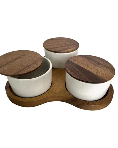 Kalmar Home Triangular Serving Set With 3 Ceramic Dishes In Brown
