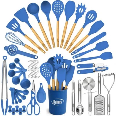 Kaluns 50-piece Silicone Kitchen Utensils Set With Wooden Handles, Heat Resistant Up To 800°f, Nonstick Coo In Blue
