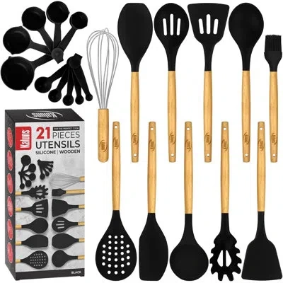 Kaluns Kitchen Utensils Set, 21 Wood And Silicone Cooking Utensil Set In Black