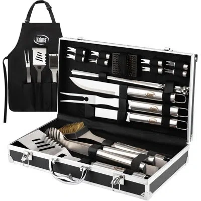Kaluns Stainless Steel Bbq Grilling Tool Set With Aluminum Carrying Case & Apron, Non-stick, Dishwasher Saf In Silver