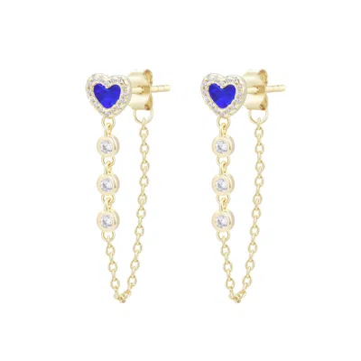 Kamaria Women's Blue Heart Chain Stud Earrings With Crystals - Indigo Opal