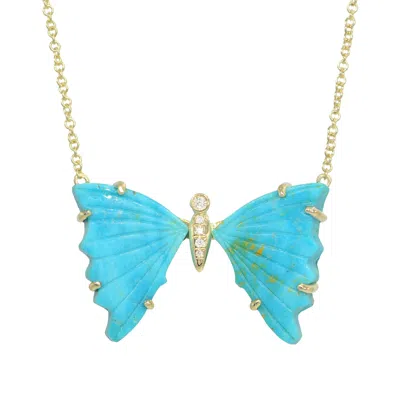 Kamaria Women's Blue Turquoise Butterfly Necklace With Prongs In Gold