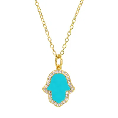 Kamaria Women's Blue Turquoise Hamsa Hand Necklace In Gold