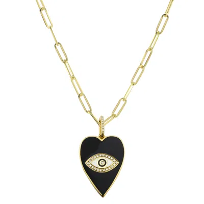 Kamaria Women's Gold / Black Black Enamel Heart & Evil Eye Necklace With Diamonds - Large In Multi