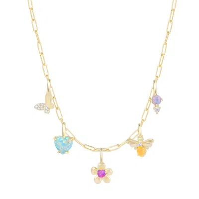 Kamaria Women's Gold Flower Garden Charm Necklace With Opals On Paperclip Chain
