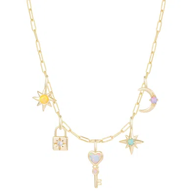 Kamaria Women's Gold Lock & Key Celestial Charm Necklace With Opals On Paperclip Chain
