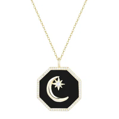 Kamaria Women's Gold Octagon Moon Medallion Necklace - Black Enamel