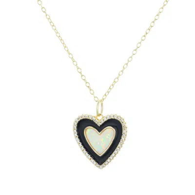 Kamaria Women's Gold Two Tone Heart Necklace - Black Enamel & Opal