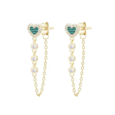 Kamaria Women's Green Heart Chain Stud Earrings With Crystals - Malachite