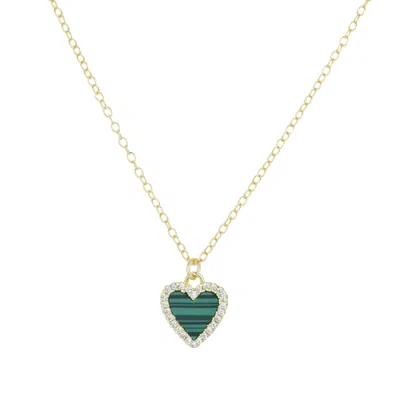 Kamaria Women's Green Mini Malachite Heart Necklace With Crystals In White