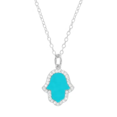 Kamaria Women's Green Turquoise Hamsa Hand Necklace In Silver