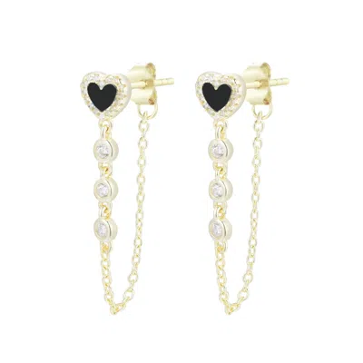 Kamaria Women's Heart Chain Stud Earrings With Crystals - Black Onyx