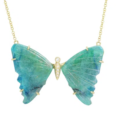 Kamaria Women's Large Green Chrysocolla Butterfly Necklace With Diamonds & Prongs In Pink