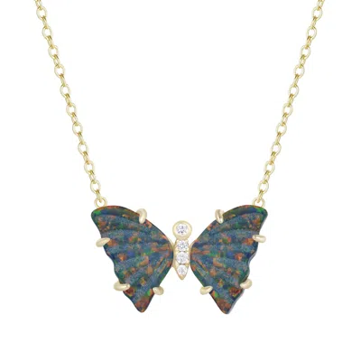 Kamaria Women's Opal Butterfly Necklace With Prongs - Black