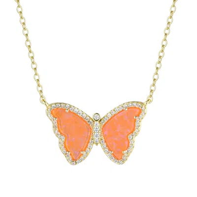 Kamaria Women's Orange / Gold Opal Butterfly Necklace With Crystals - Orange