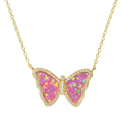 Kamaria Women's Pink / Gold Opal Butterfly Necklace With Crystals - Pink