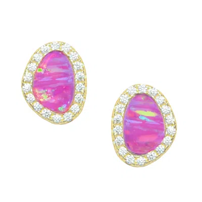 Kamaria Women's Pink / Gold Opal Pebble Stud Earrings - Fuchsia In Multi