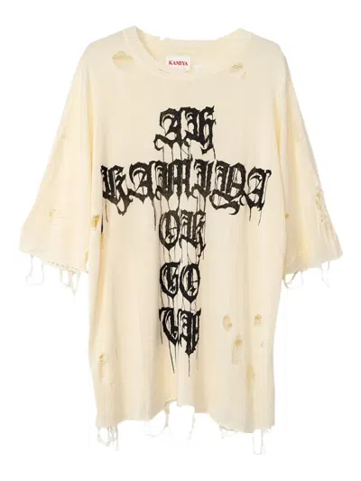 Kamiya Cross-print Distressed T-shirt In Neutral