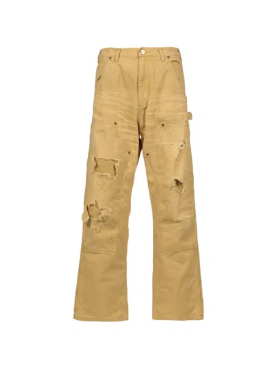 Kamiya Heavy Sun Faded Distressed Duck-canvas Jeans In Nude