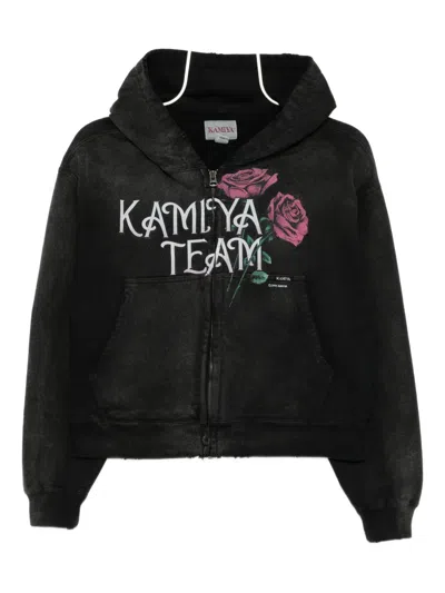 Kamiya Rose-print Distressed Hoodie In Black