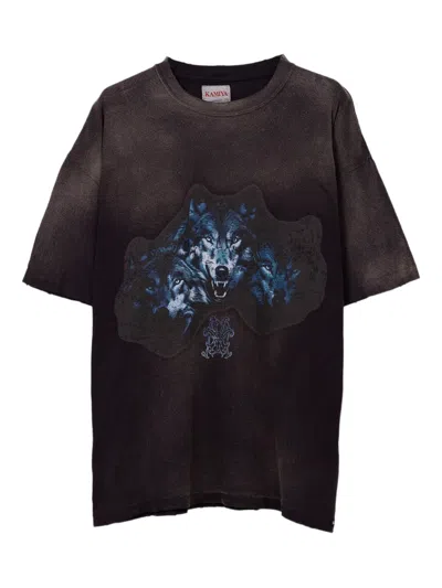 Kamiya Wolf-print Distressed T-shirt In Black